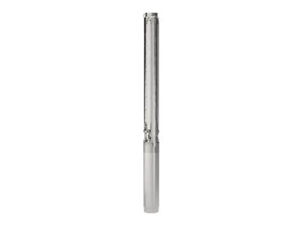 Vertikale Unterwasserpumpe von Grundfos mit schmalem, zylindrischem Design und einem Anschlussstück am oberen Ende. Ideal für Brunnenanwendungen.